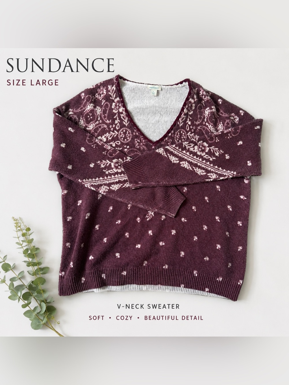 Sundance V-Neck Sweater – Size Large | Boho Knit Pullover